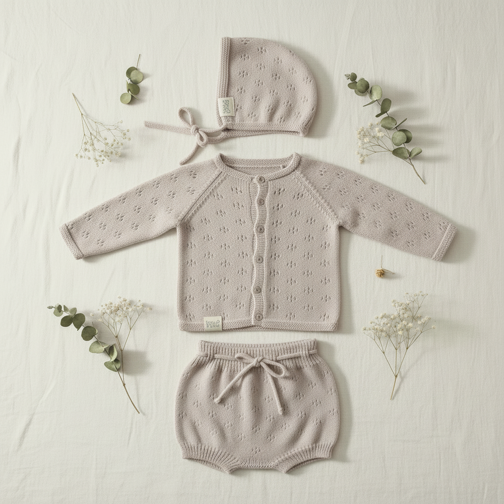 Flat lay conjunto tricot bege real com props naturais