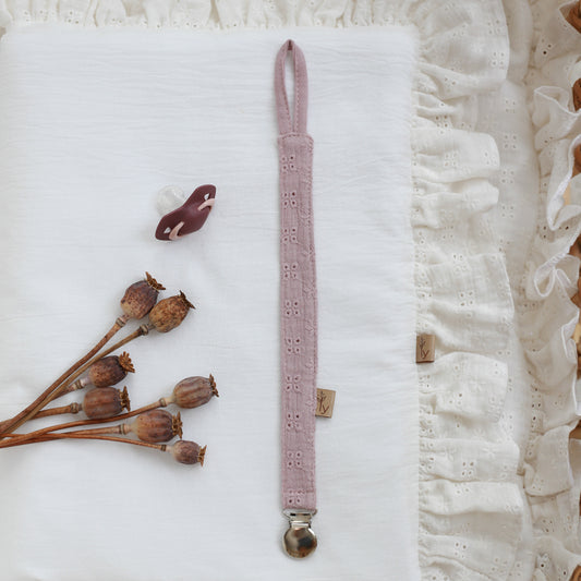 Pink embroidered muslin pacifier holder