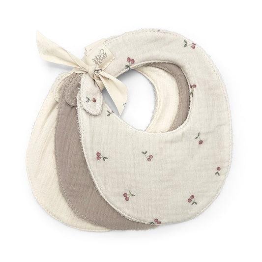 Conjunto de 3 babetes para bebé em algodão absorvente com padrão cherries