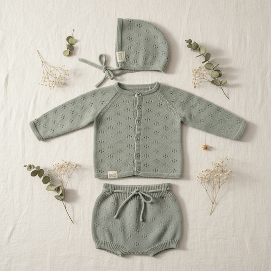 Conjunto para recém-nascido em tricot 3 peças em algodão orgânico GOTS cor Arctic 