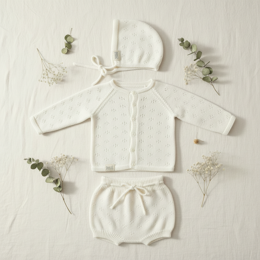 Conjunto recém-nascido tricot milky white em look completo