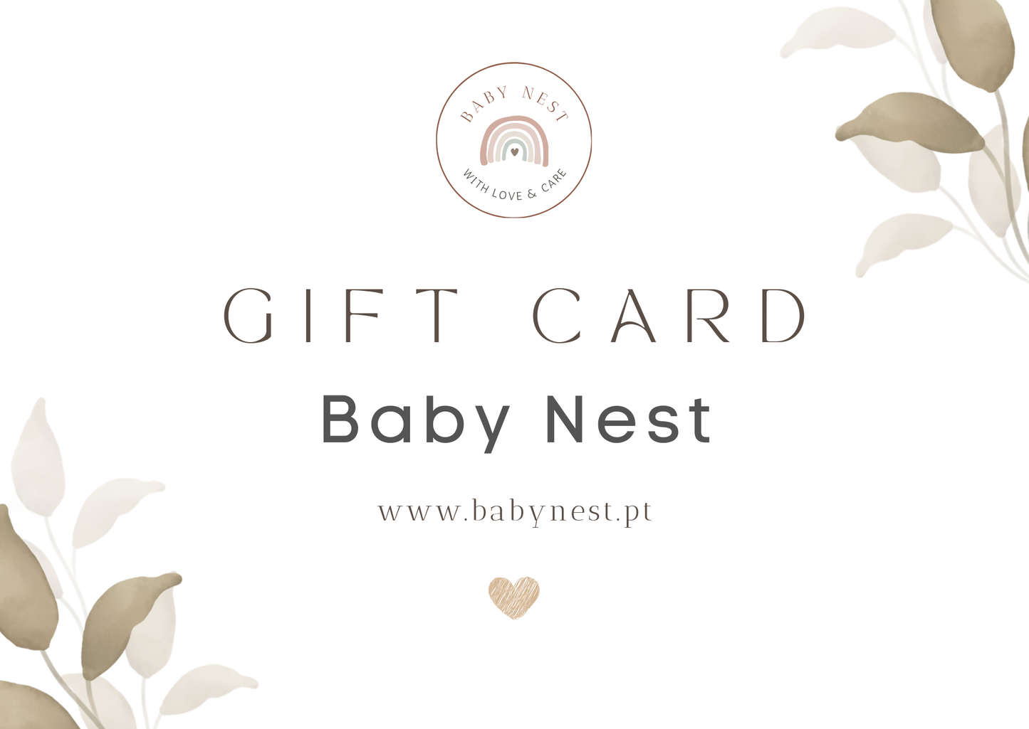 Cartão-presente Baby Nest digital para oferecer a recém-nascidos e famílias, ideal para presentes práticos e cheios de carinho. Baby Nest digital gift card for newborn and family gifts, a practical and thoughtful present.
