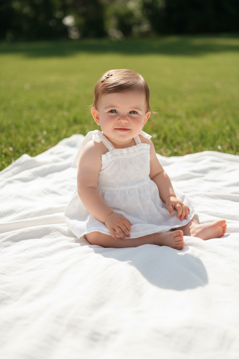Vestido de bebé em musselina bordado branco — bebé sentada no jardim