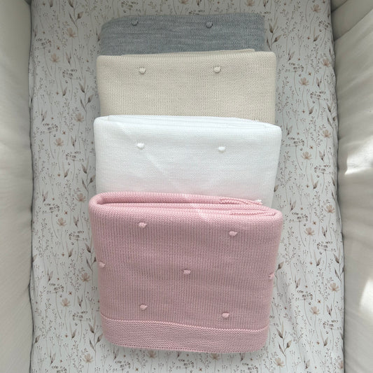 Manta de bebé para maternidade em malha branca bege rosa cinza com pompons